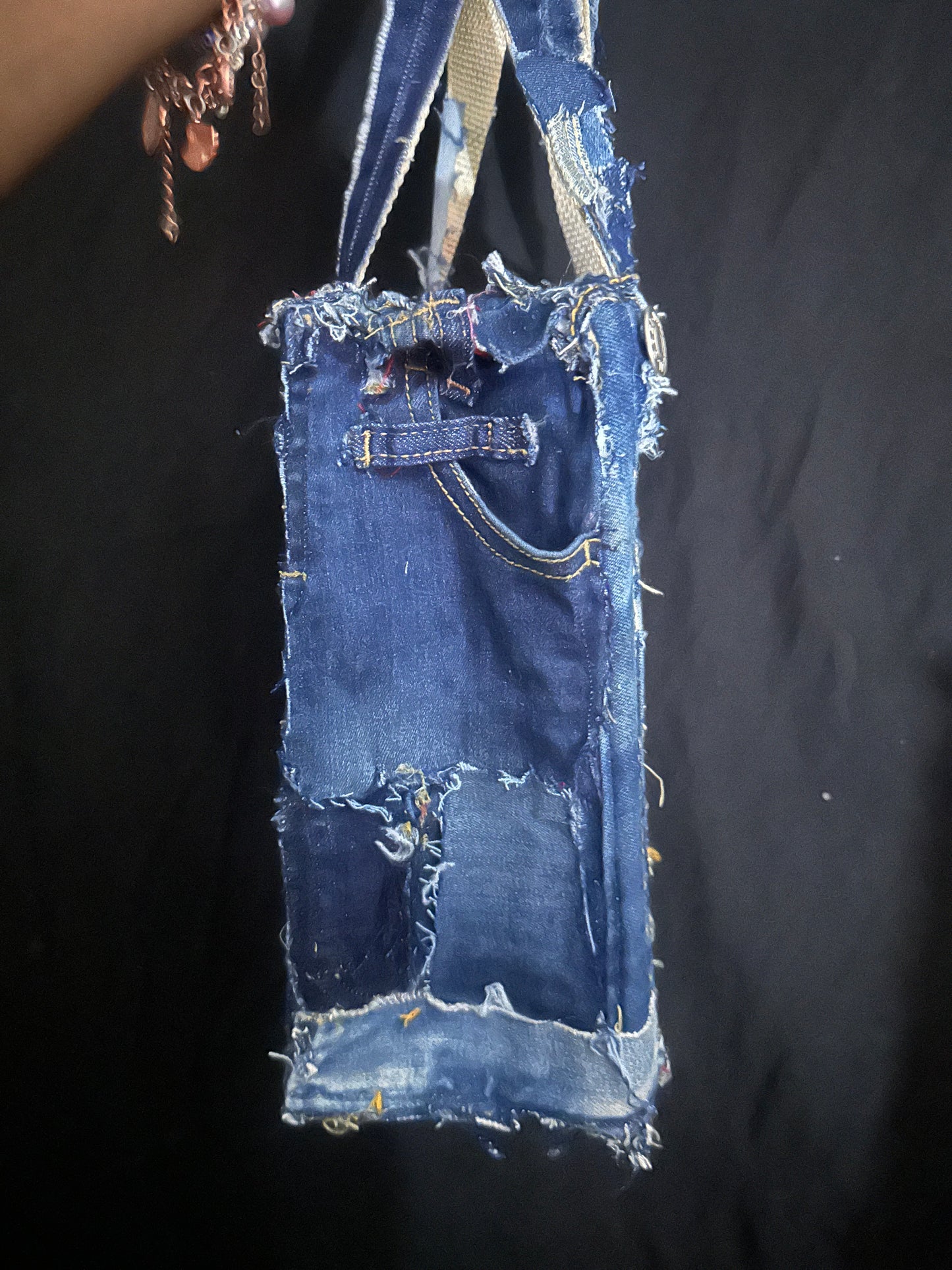 Hand crafted denim patch work tall tote