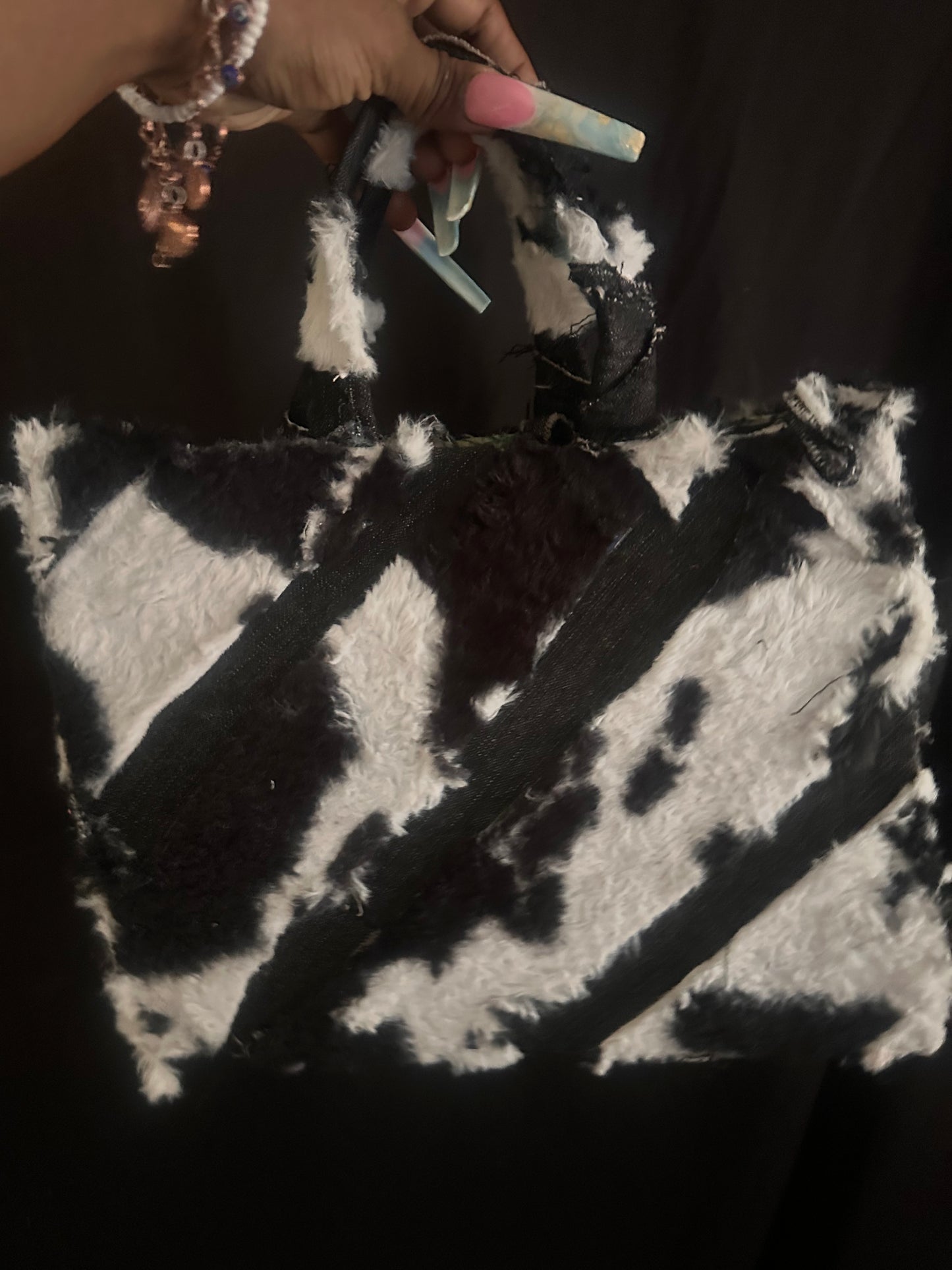 Cow print faux fur tote