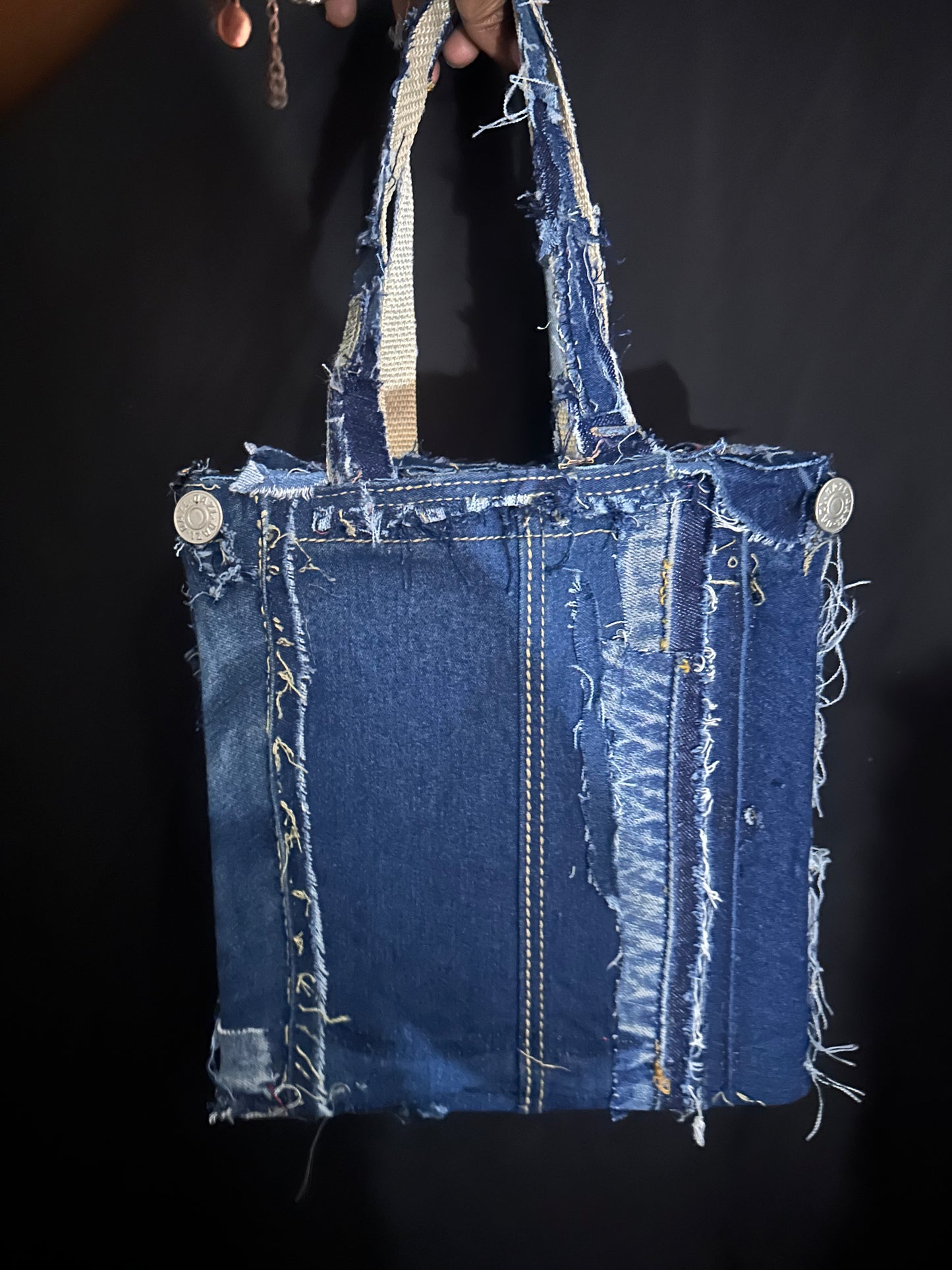 Hand crafted denim patch work tall tote