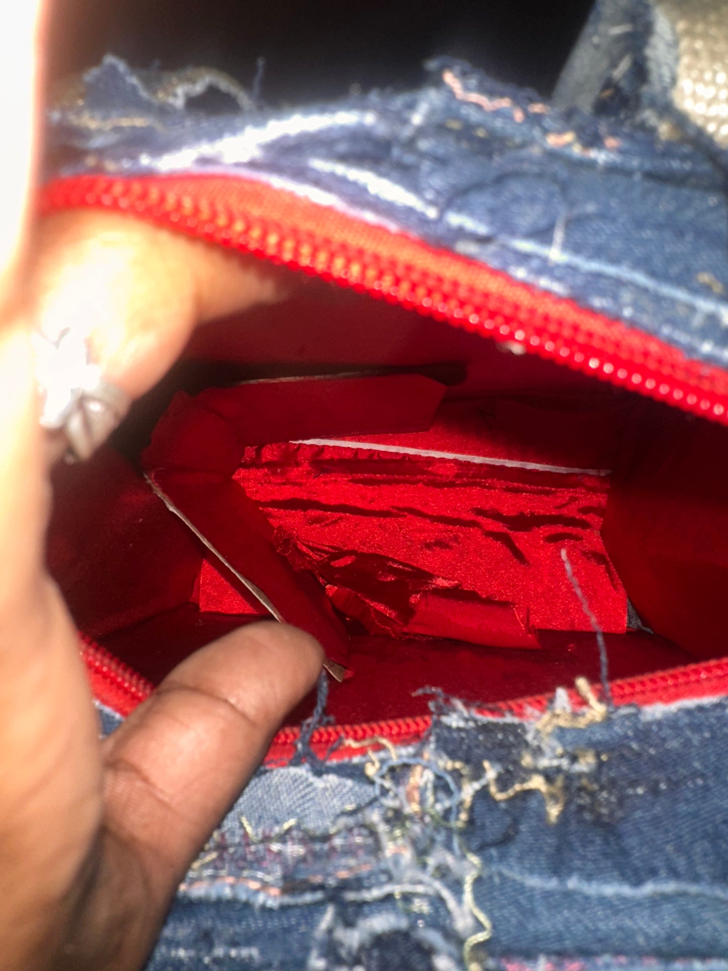 Hand crafted denim patch work tall tote