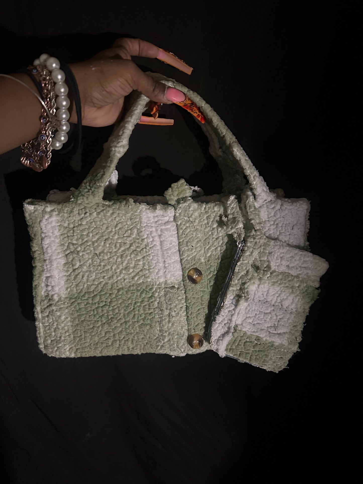 Fur Tote green and white with small wristlet