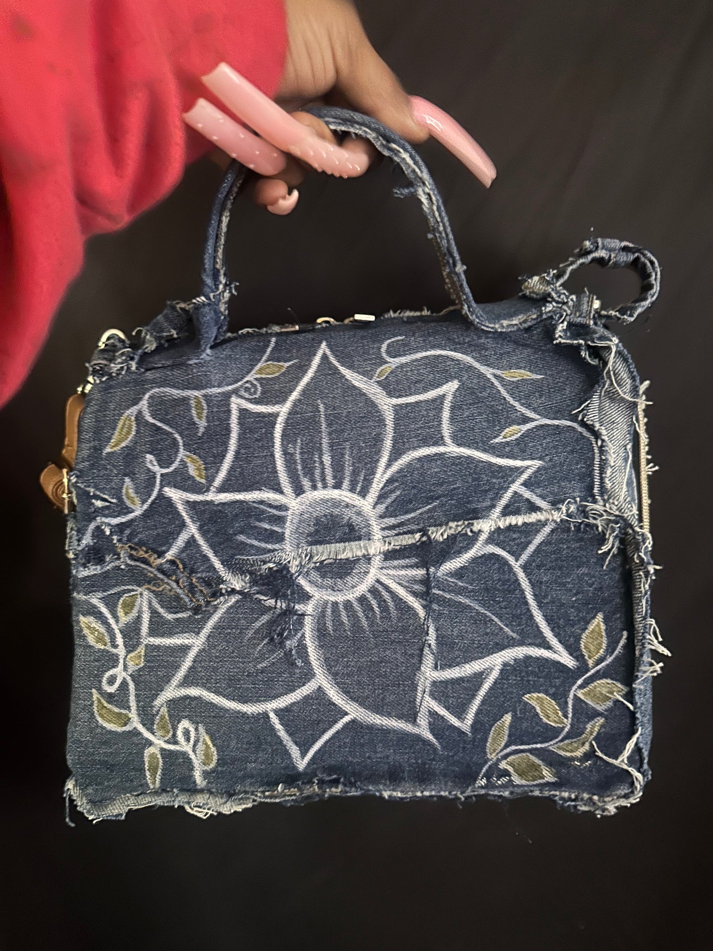 Denim clutch with brown strap