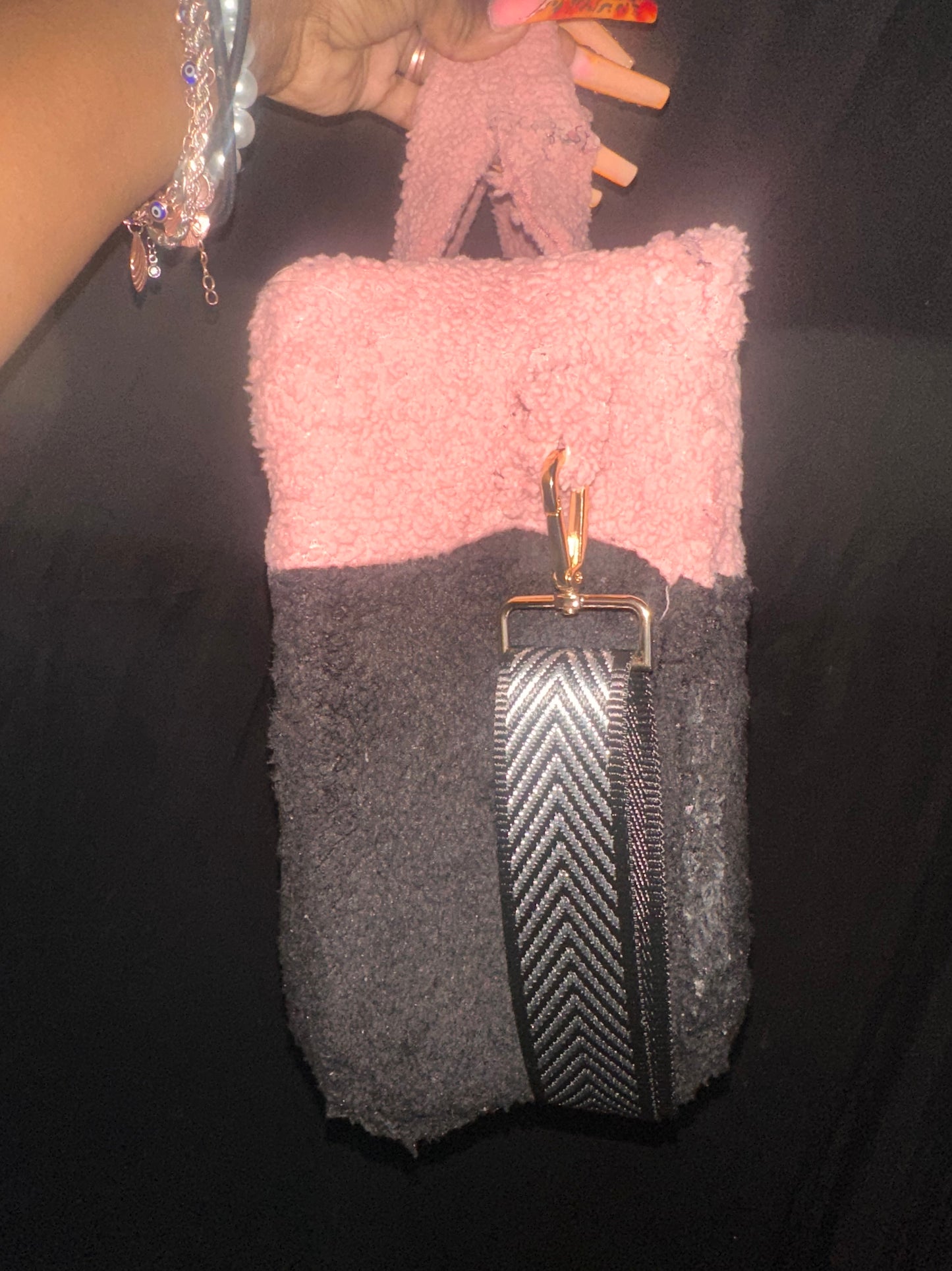Pink and Black fur tote with a removable strap