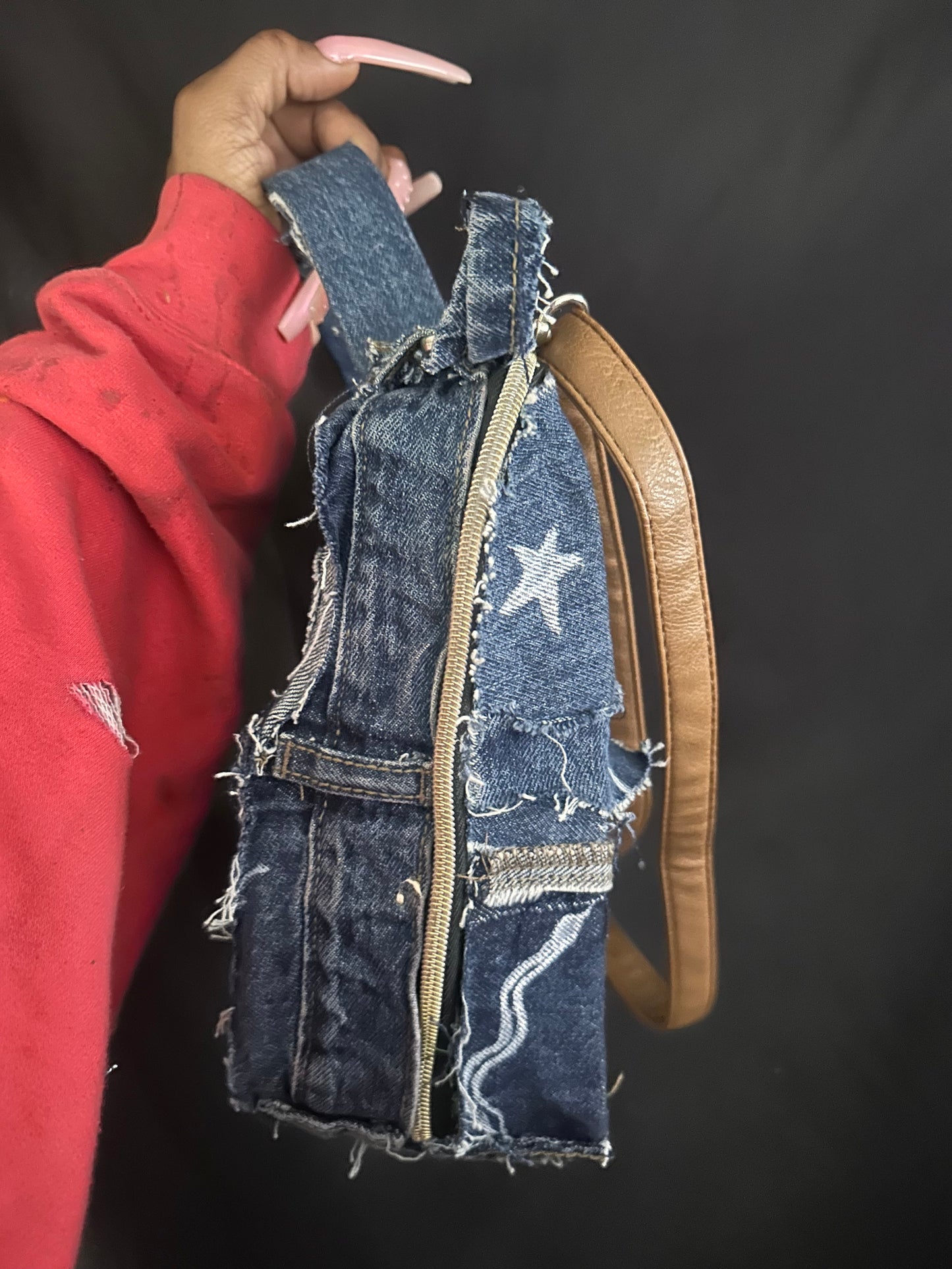 Denim clutch with brown strap