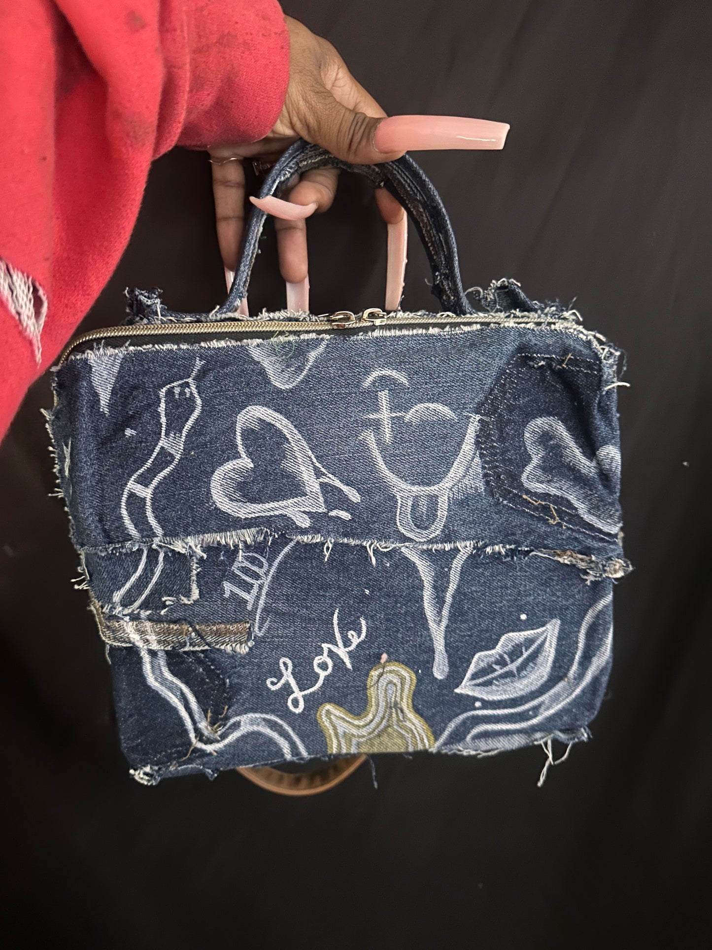 Denim clutch with brown strap