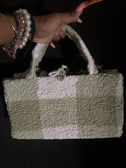 Fur Tote green and white with small wristlet