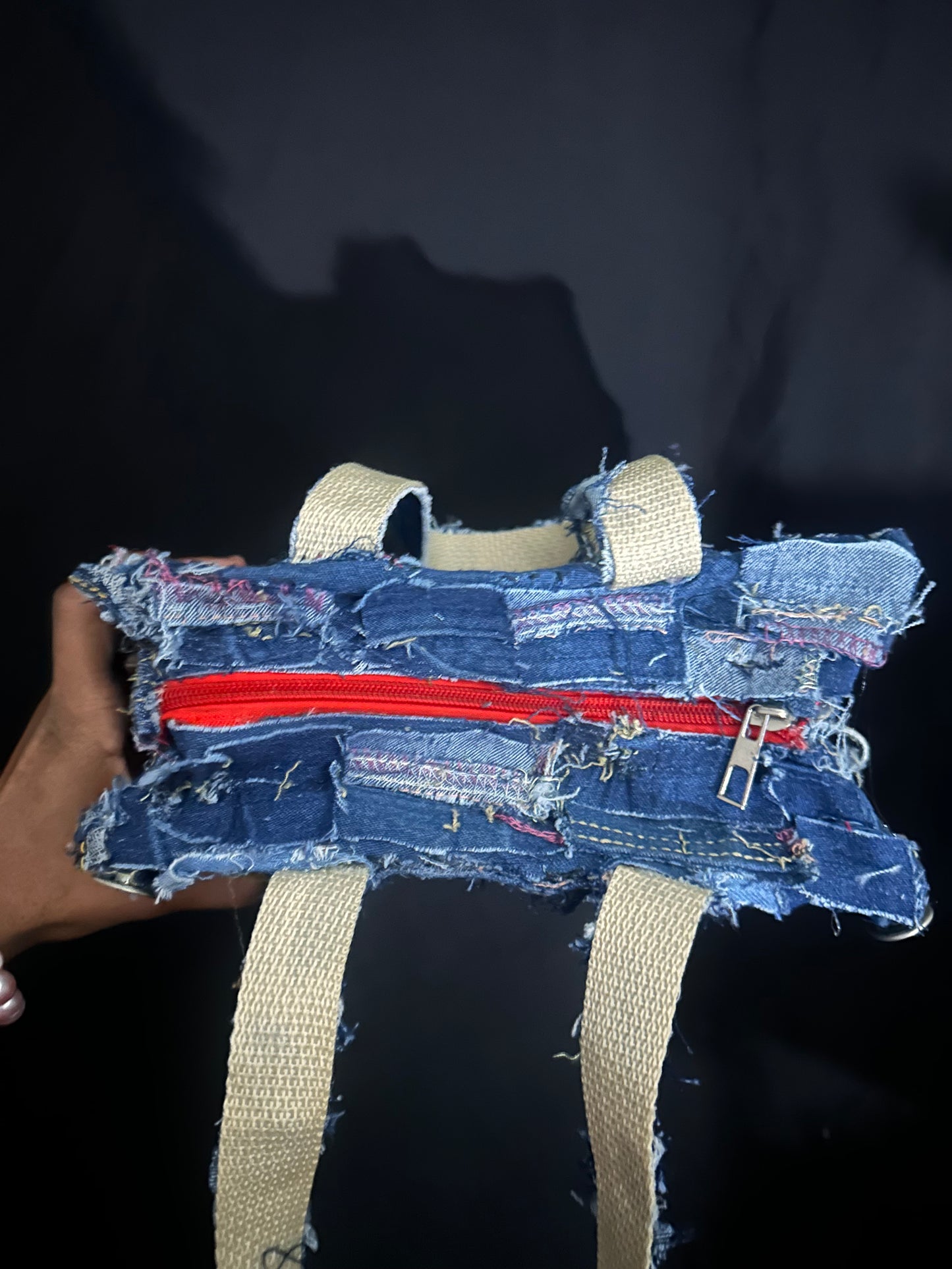 Hand crafted denim patch work tall tote