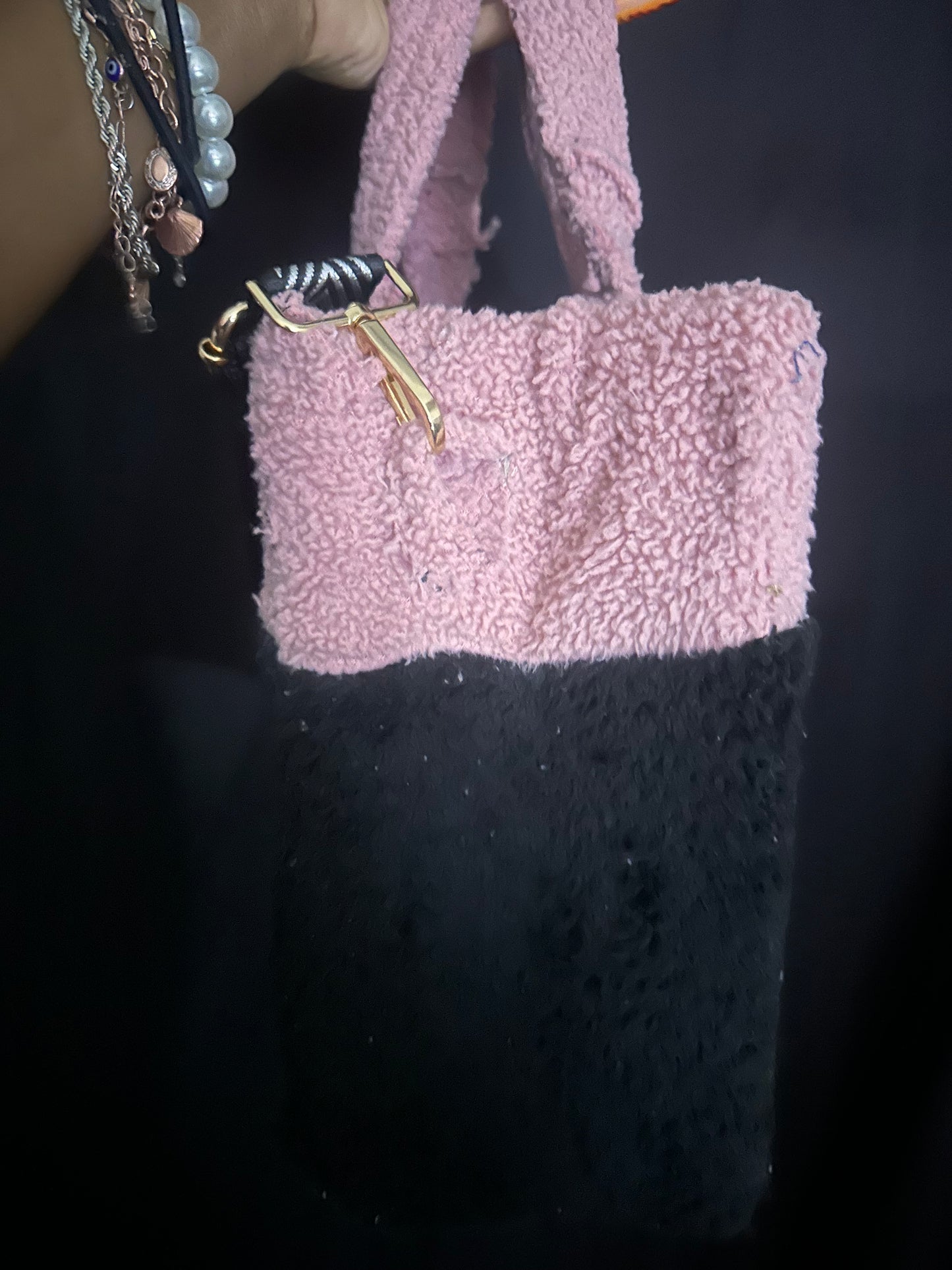 Pink and Black fur tote with a removable strap