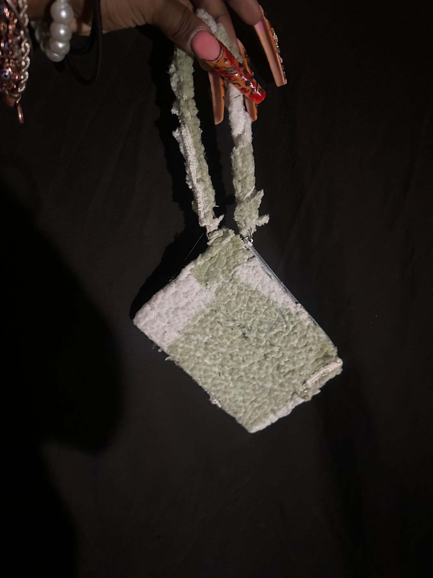 Fur Tote green and white with small wristlet