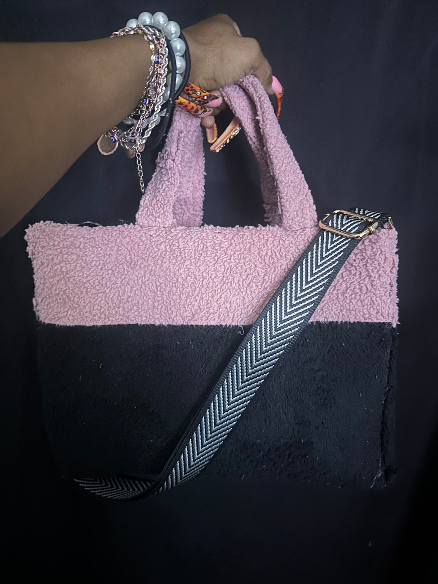 Pink and Black fur tote with a removable strap