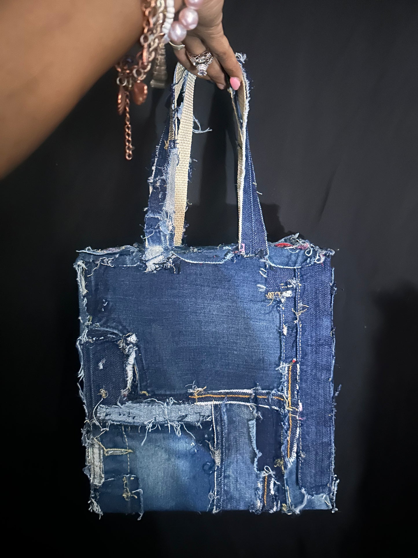 Hand crafted denim patch work tall tote