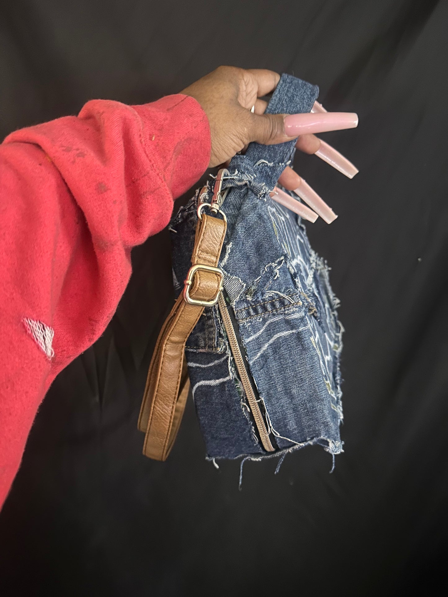 Denim clutch with brown strap