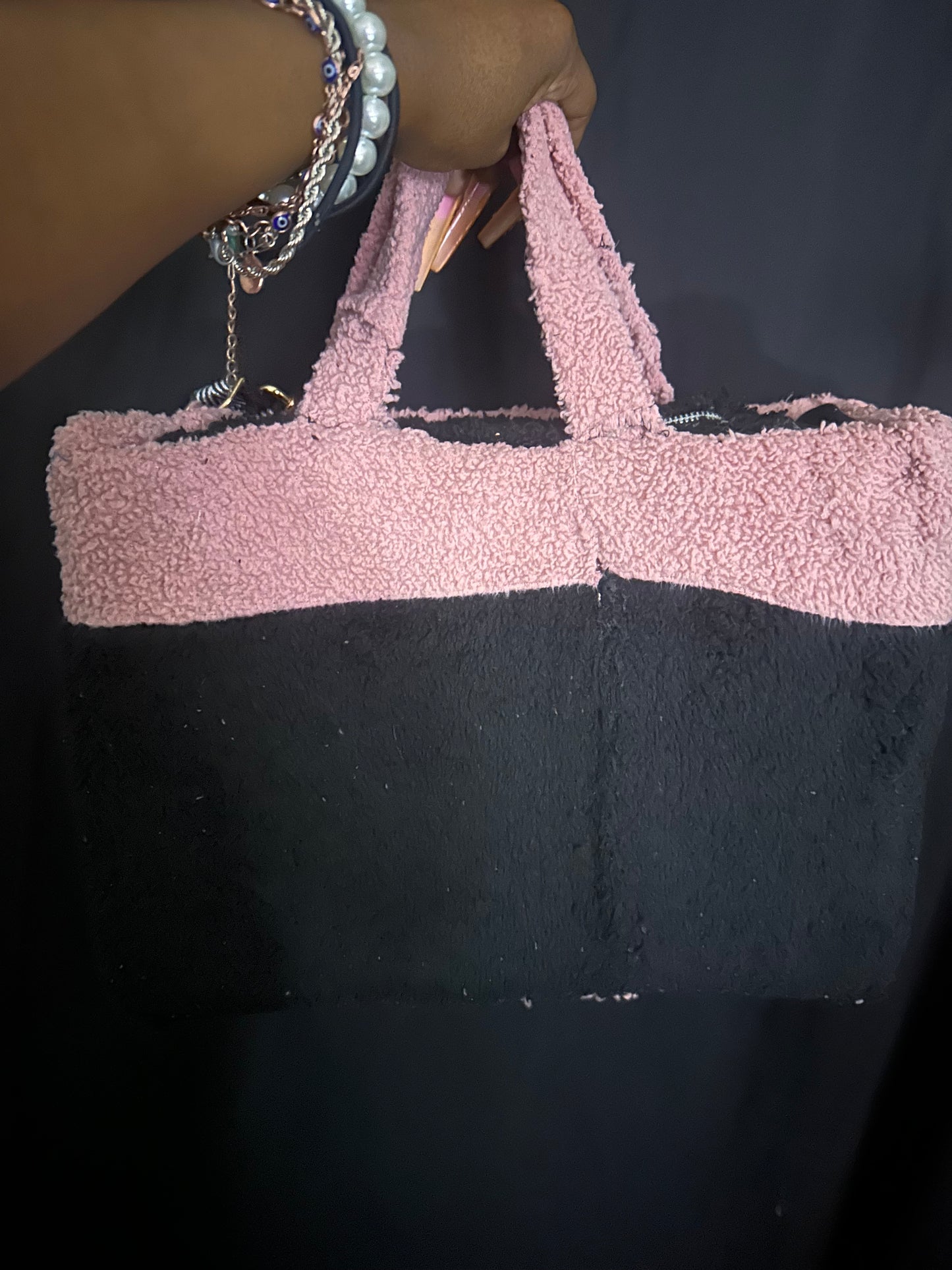 Pink and Black fur tote with a removable strap