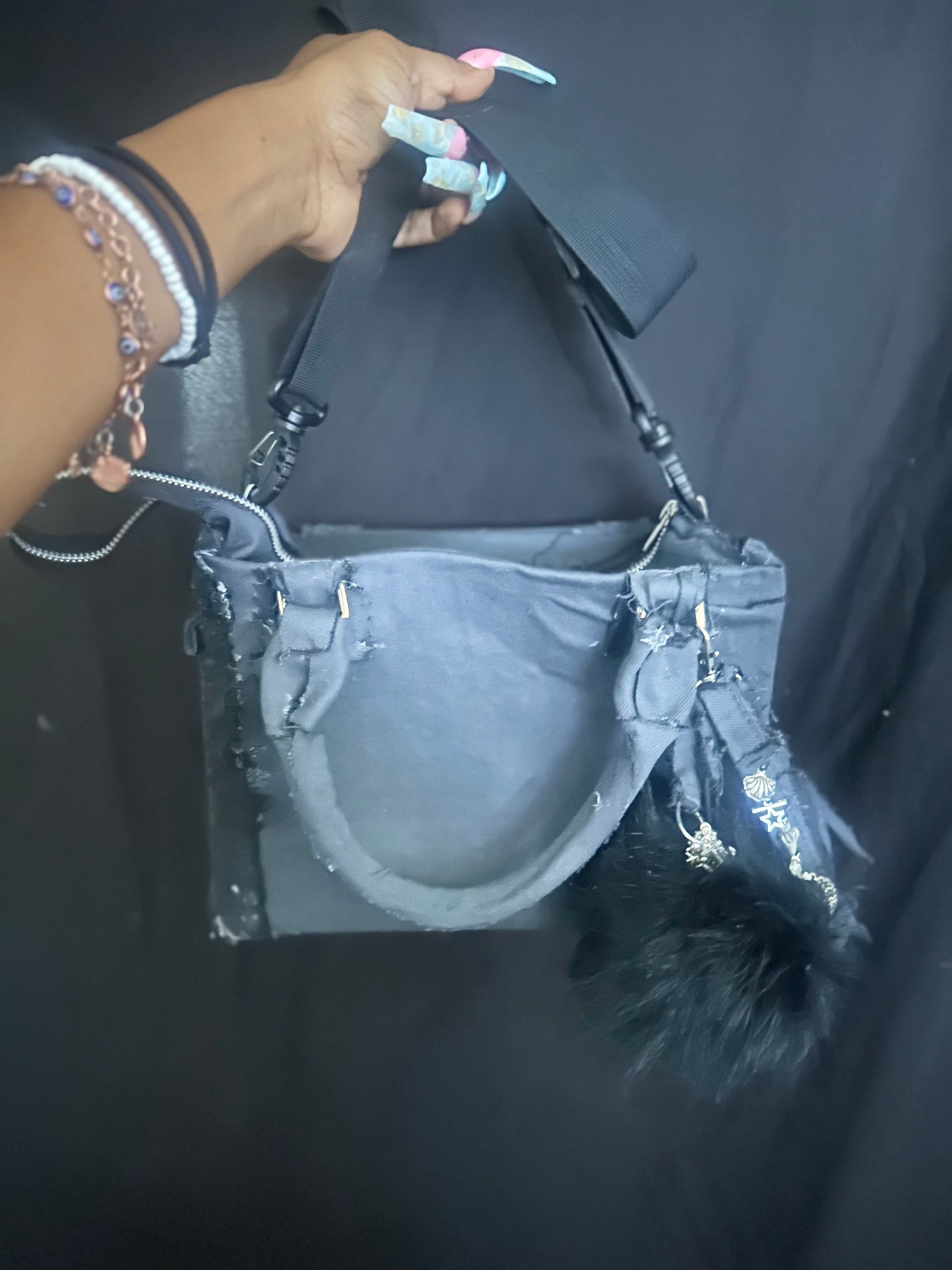 Gray and black tote with charm set